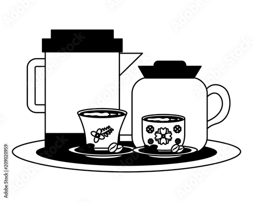 coffee teapots with cups isolated icon vector illustration design