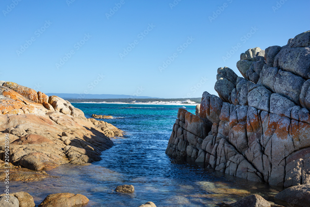 Looking towards the beach from The Bay of Fires, Tasmania, Australia