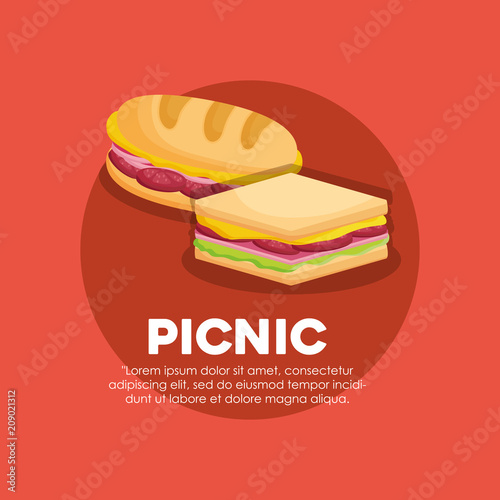 Infographic of picnic food concept with sandwichs icon over red background, colorful design. vector illustration