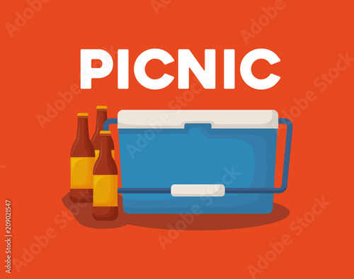 picnic cooler and beer bottles over background, colorful design. vector illustration