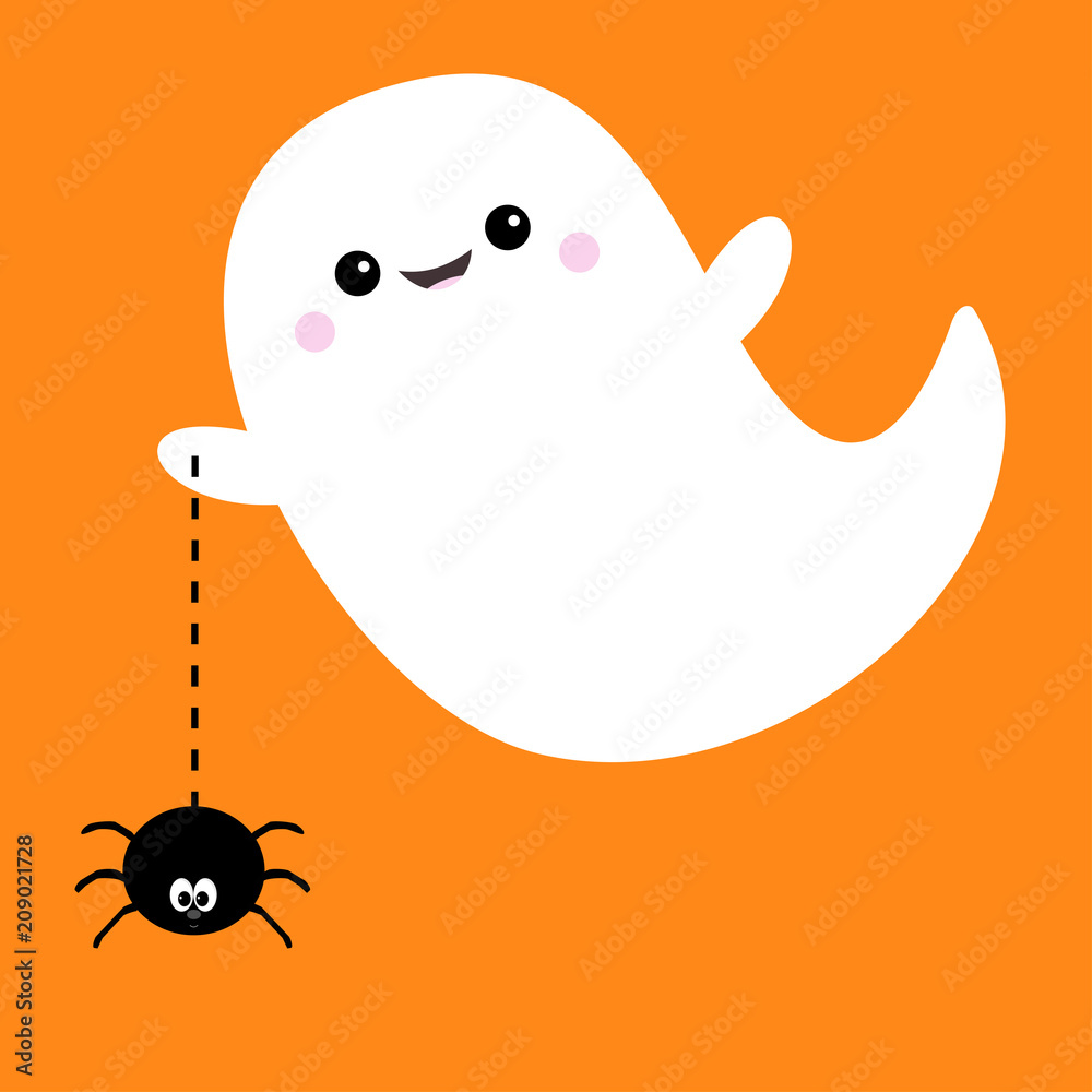 Flying ghost spirit holding spider Dash line web Boo. Happy Halloween.  Scary white ghosts. Cute cartoon spooky character. Smiling face, hands.  Orange background Greeting card. Flat design. Stock Vector | Adobe Stock