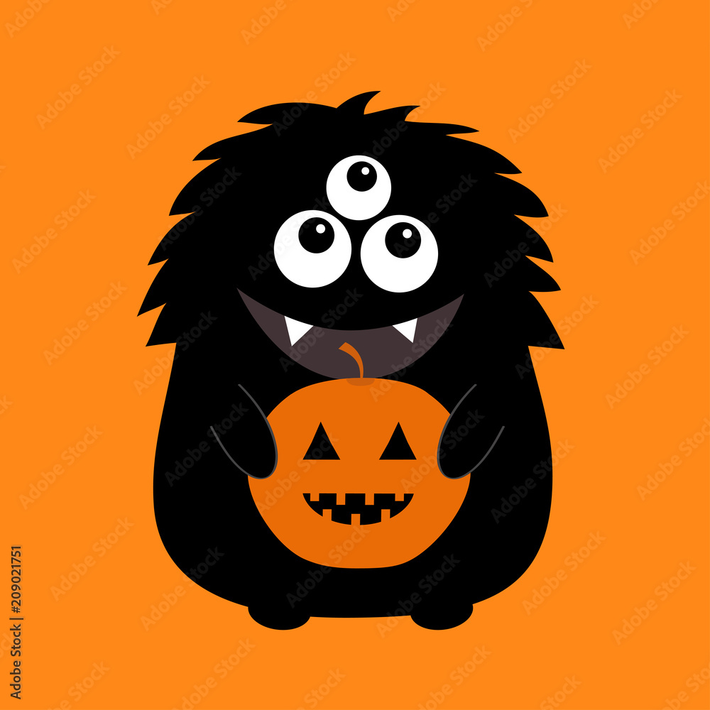 Black monster silhouette holding pumpkin. Cute cartoon scary funny character. Baby collection. Three eyes, fang tooth, big tongue, hands. Orange background. Isolated. Happy Halloween card. Flat design