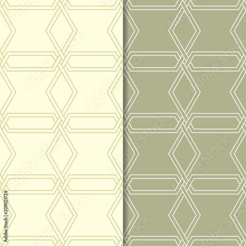 Set of geometric ornaments. Olive green seamless patterns