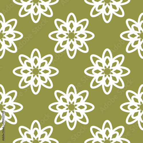 White floral seamless pattern on olive green background