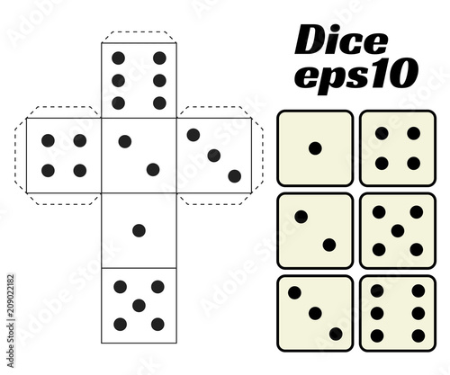 Dice Set. Vector illustration. Printable template for cutting from paper. Six faces of a cube. For gambling, casinos, game design.