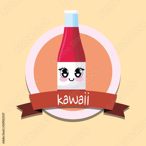 emblem with kawaii ketchup bottle over yellow background, colorful design. vector illustration
