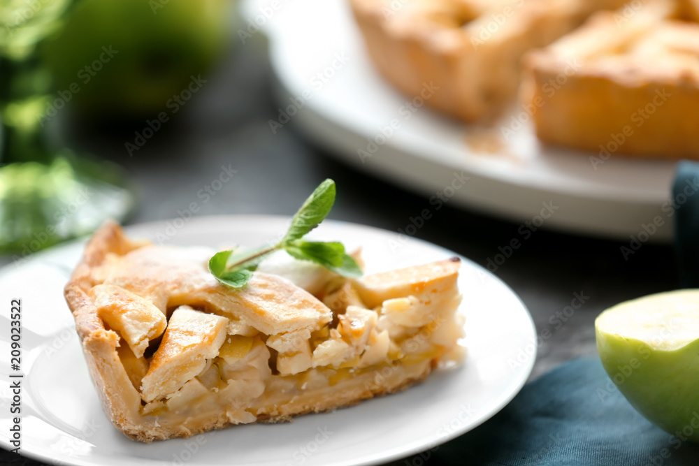 Plate with piece of tasty apple pie on table Plate with piece of tasty apple pie on table