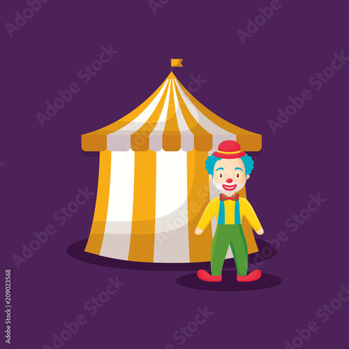 circus tent with cartoon clown over purple background, colorful design. vector illustration