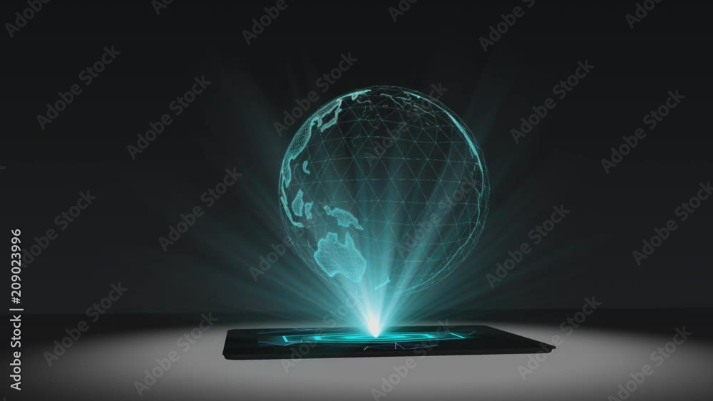 World map projection futuristic holographic display tablet hologram technology