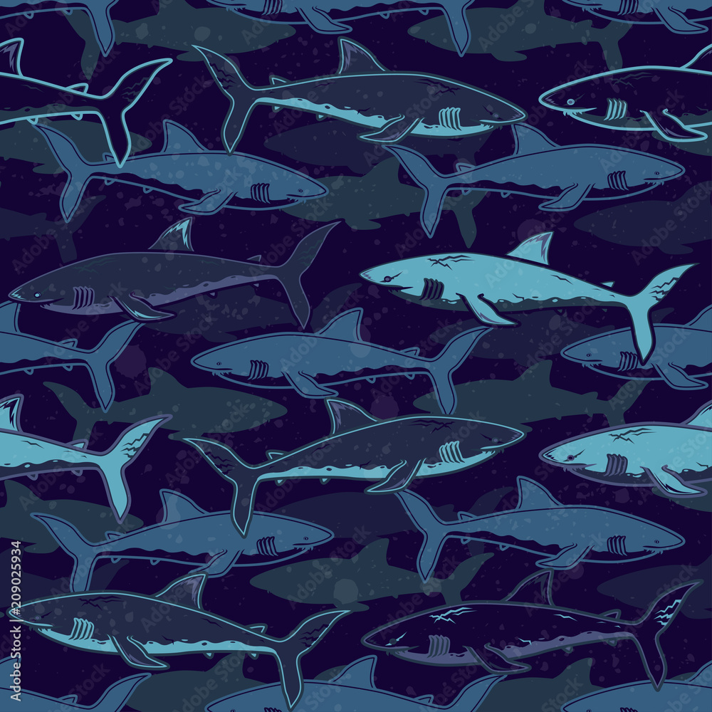 Obraz premium Abstract seamless vector pattern for girls, boys, clothes. Creative background with sharks. Funny wallpaper for textile and fabric. Fashion style. Colorful bright