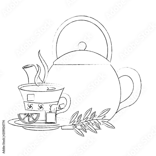 teapot tea cup with slice lemon mint branch vector illustration sketch