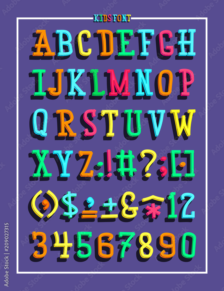 Children's font in the cartoon style cute. Set of multicolored bright letters for inscriptions. Vector illustration of an alphabet. Children's font in the cartoon style cute. Set of multicolored bright letters for inscriptions. Vector illustration of an alphabet.