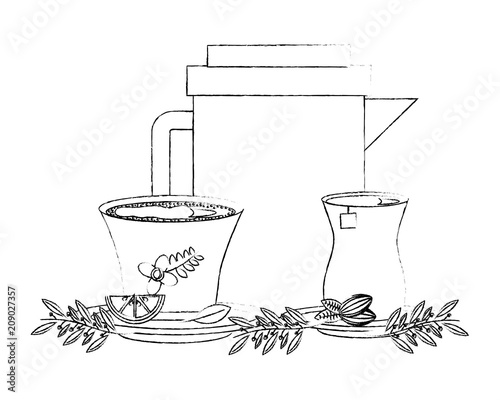 teapot and tea cups fresh lemon leaves vector illustration sketch