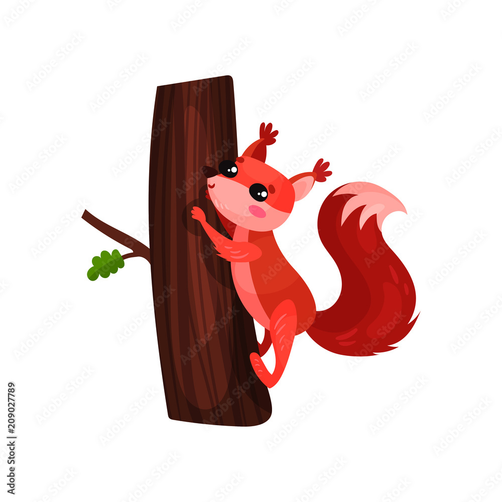 Cartoon squirrel climbing up tree trunk. Small forest rodent with red fur,  fluffy tail and cute muzzle. Flat vector element for children book Stock  Vector
