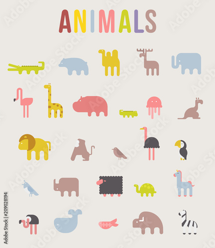 Cute Animals Vector illustration Icon Set isolated on a white background. Geometric vector illustration flat design