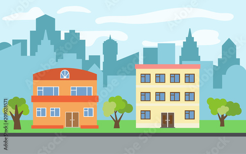 Vector city with two-story and three-story cartoon houses and green trees in the sunny day. Summer urban landscape. Street view with cityscape on a background
