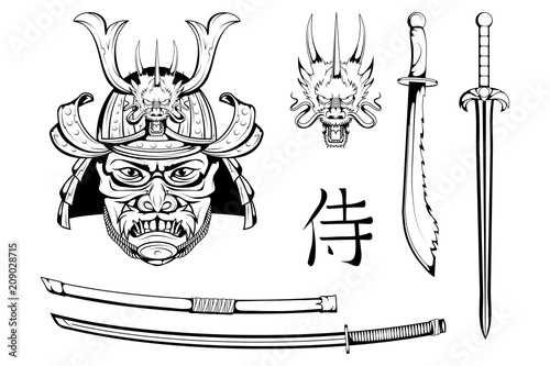 Set of different elements of samurai design - samurai mask, helmet, Japanese sword, katana sword. Mask of a samurai warrior with a sword. Vector graphics to design. photo