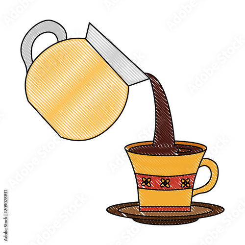 coffee maker pouring into cup with dish vector illustration drawing