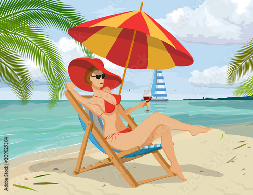 Set for summer vacation design - chaise longue, beach slippers, umbrella protecting from the sun. Summer holiday. Beautiful girl in a swimsuit and hat. Vector graphics to design.