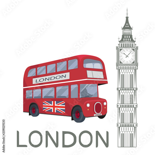 Set for design on London. Great Britain. Big Ben Tower. London bus. Vector graphics to design.