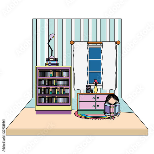 color girl reading book and lamp over bookcase