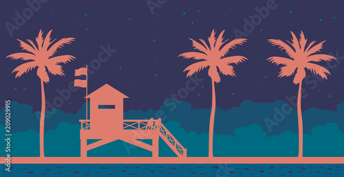 Tableau sur toile Lifeguard station, sea, night sky and beach.