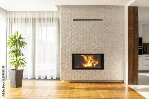 Tela Fireplace on brick wall in bright living room interior of house with plant and windows