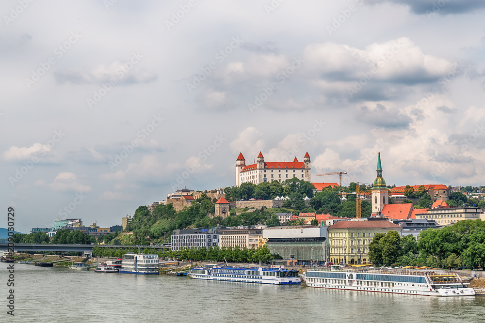 Bratislava, Slovakia - May 24, 2018: The panorama of Bratislava photographed over the Danube River 