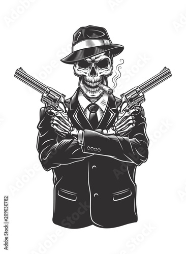 Skeleton gangster with revolvers