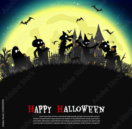 A group of kids are running happily on Halloween night.Halloween background from vector