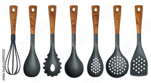Quadro su tela Set of plastic kitchen utensils isolated on a white background