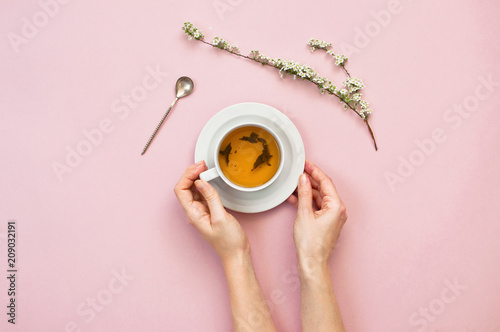 A cup of tea in the hands of a young woman with a branch of spring flowers on a pastel pink background top view with copy space. Flat lay Spring background.