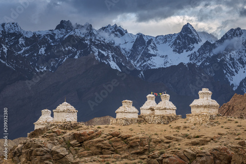 Buddhist chortens or stupas in Likir Gompa monastery, Leh district, Ladakh, Jammu and Kashmir, Northern India photo