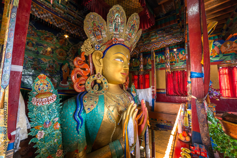 Fototapeta premium Future Buddha or Maitreya Buddha 28th in Thiksey Gompa Monastery in Ladakh, Northern India