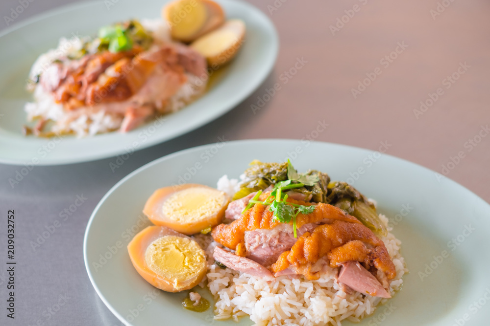 Delicious Stewed pork leg on rice with Hard-boiled egg spacial Thai gourmet Asian food style. Delicious Stewed pork leg on rice with Hard-boiled egg spacial Thai gourmet Asian food style.