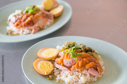 Delicious Stewed pork leg on rice with Hard-boiled egg spacial Thai gourmet Asian food style.