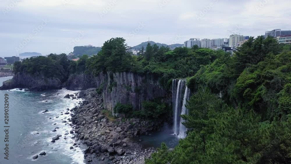 Aerial Veiw of Jeongbang Waterfall at Jeju Island, South Korea Aerial Veiw of Jeongbang Waterfall at Jeju Island, South Korea