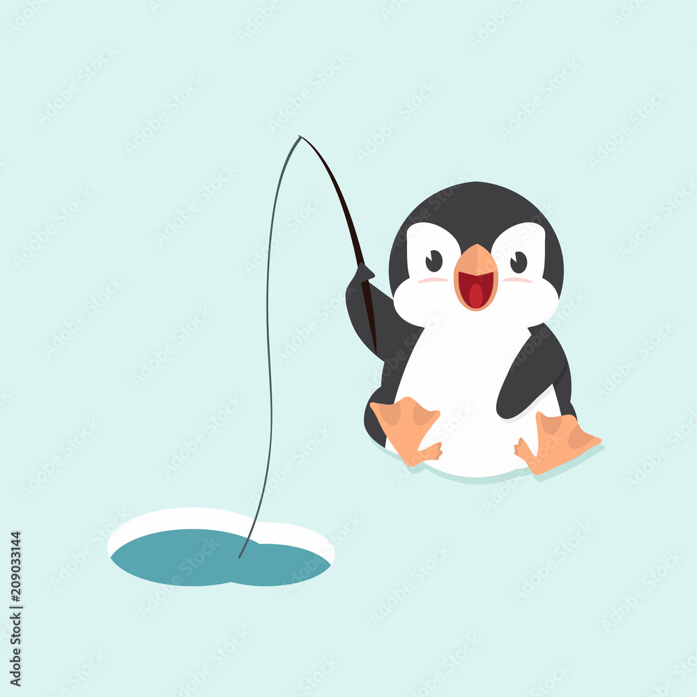 Naklejka premium Cute little penguin fishing in water