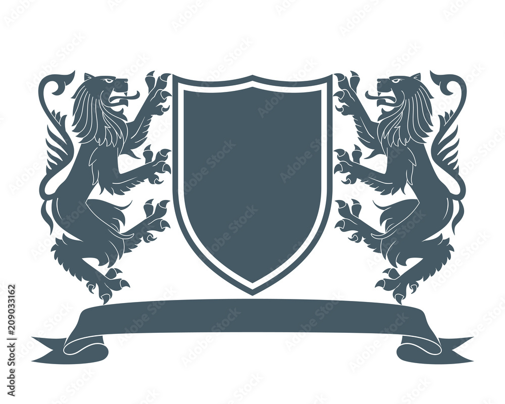Medieval coat of arms. Two lions hold a shield. Vector Illustration Stock Vector Adobe Stock