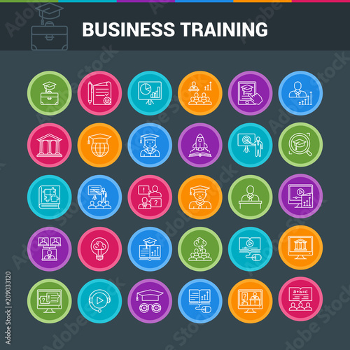 Business training and education colorful icon set. Consulting  learning and teaching. Professional and career growth. Vector illustration