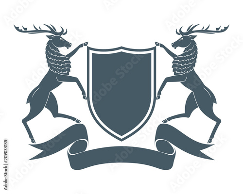 Medieval coat of arms. Two deers hold a shield. Vector Illustration