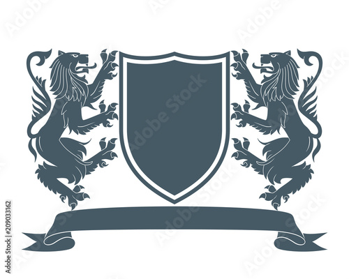 Medieval coat of arms. Two lions hold a shield. Vector Illustration