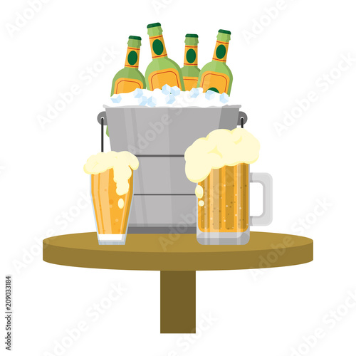 beer bottles inside bucket and liquor glass