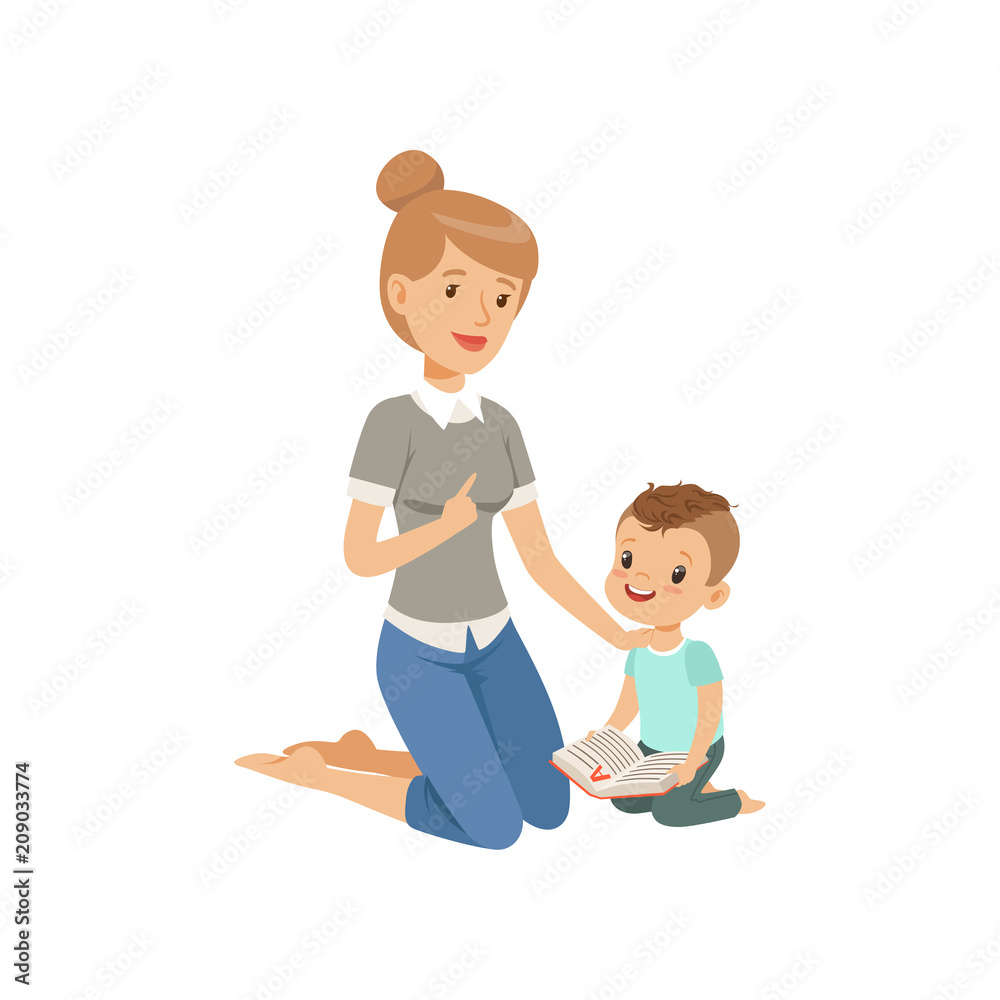 Elementary teacher having class with her little pupil, boy sitting on the floor and reading a book, preschool education concept vector Illustration