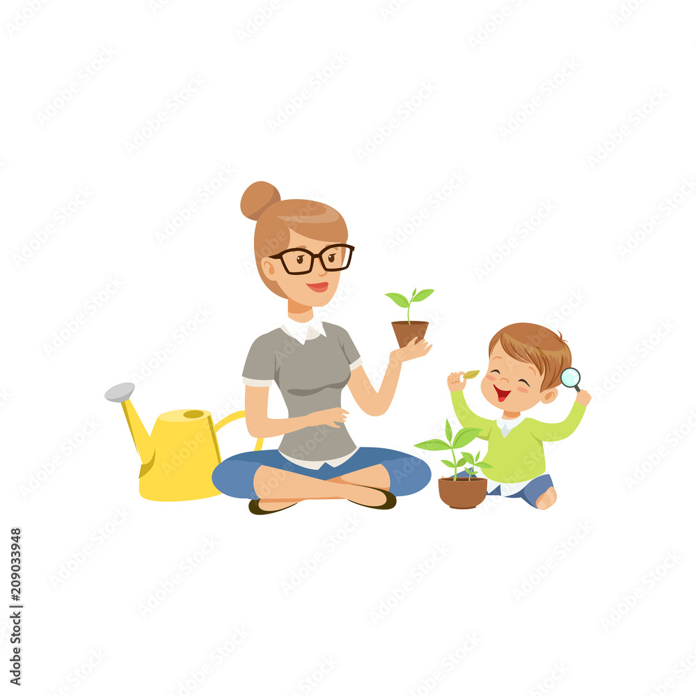 Elementary teacher telling little boy about plants during botany class in primary school, preschool education vector Illustration Elementary teacher telling little boy about plants during botany class in primary school, preschool education vector Illustration