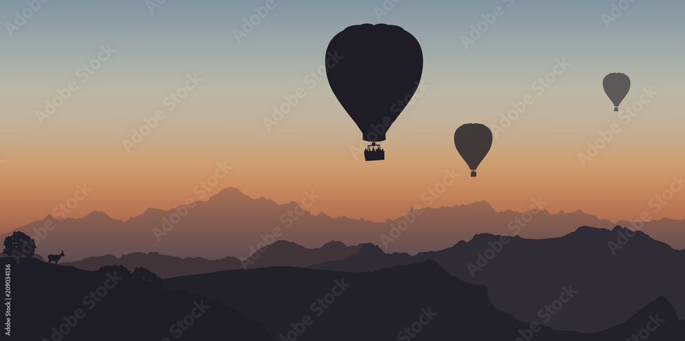Naklejka premium Balon na ogrzane powietrze - góra - Mont Blanc - ucieczka - wolność - spokój - zachód słońca - Francja