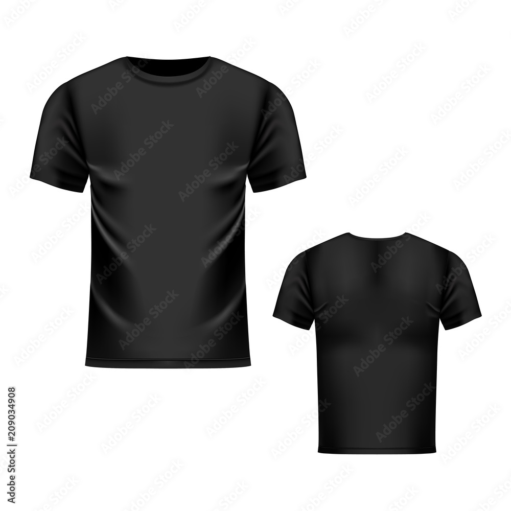 T-shirt black template, front and back view. Vector realistic mock up ...
