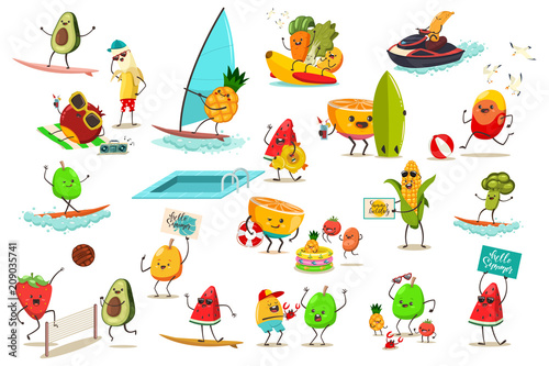 Funny fruits and vegetables are engaged in summer water and beach sports. Jet ski, banana boat, windsurfing, volleyball and surfing. Cute food cartoon character vector set isolated on background.