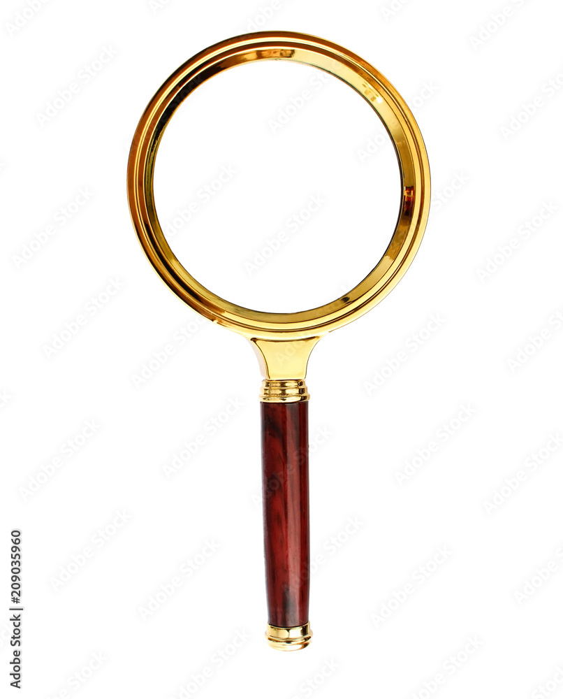 Gold Magnifying Glass Isolated on a White Background. Stock Photo
