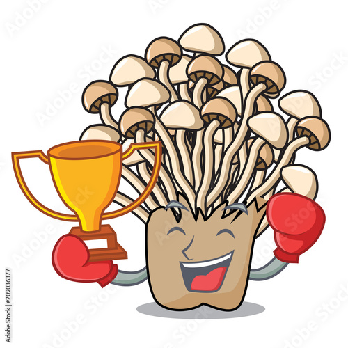Boxing winner enoki mushroom mascot cartoon